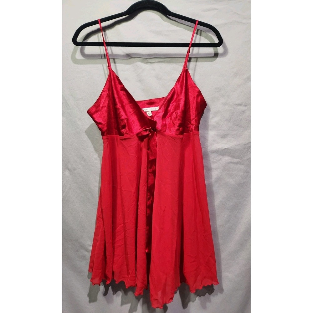 Victorias Secret 90s Red Satin Babydoll Gown Slip Bow Accent Sheer M Valentines